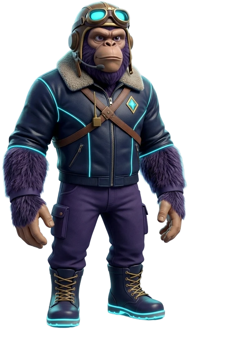 Skin Beta-Pionier als Affe: Pilotenhaube mit Funk-Brille, Fliegerjacke mit Leuchtnähten und Leuchtsohlen-Stiefel