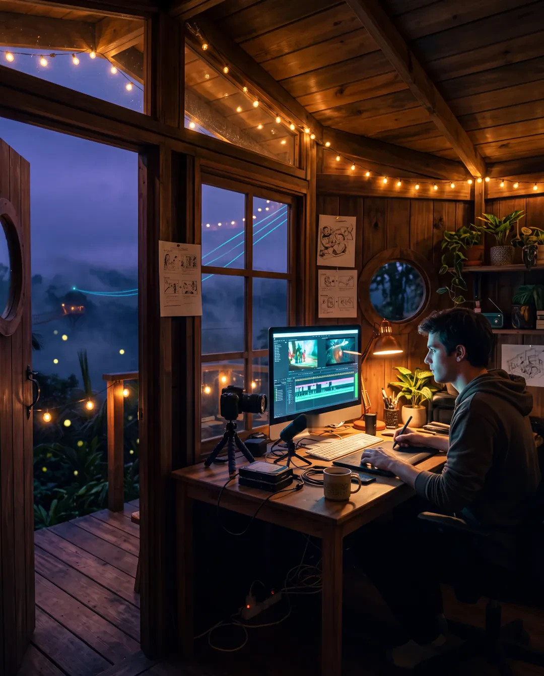 Ein Creator schneidet am Schreibtisch im Baumhaus ein Video
